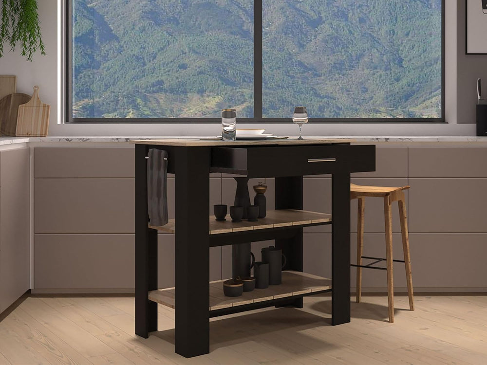 Kitchen Island with Two Shelves, One Drawer, Four Legs, Towel Hanger, Black |...
