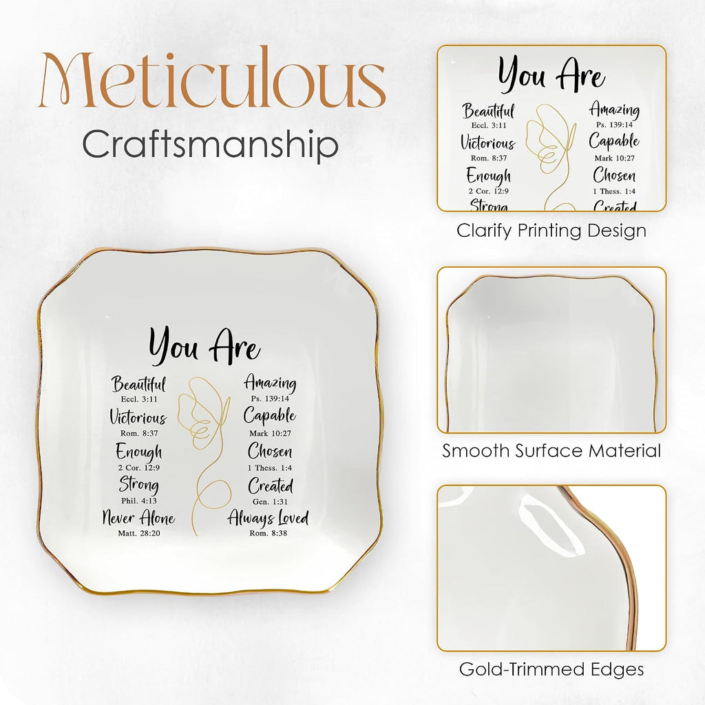 Christian Gifts for Women - You Are 4"x4" Ceramic Jewelry Dish Tray | Appreciation Gifts, Christian Gift, Gold Trim Design, Ring Dish for Women, Desk Vanity Decor, Polished Finish