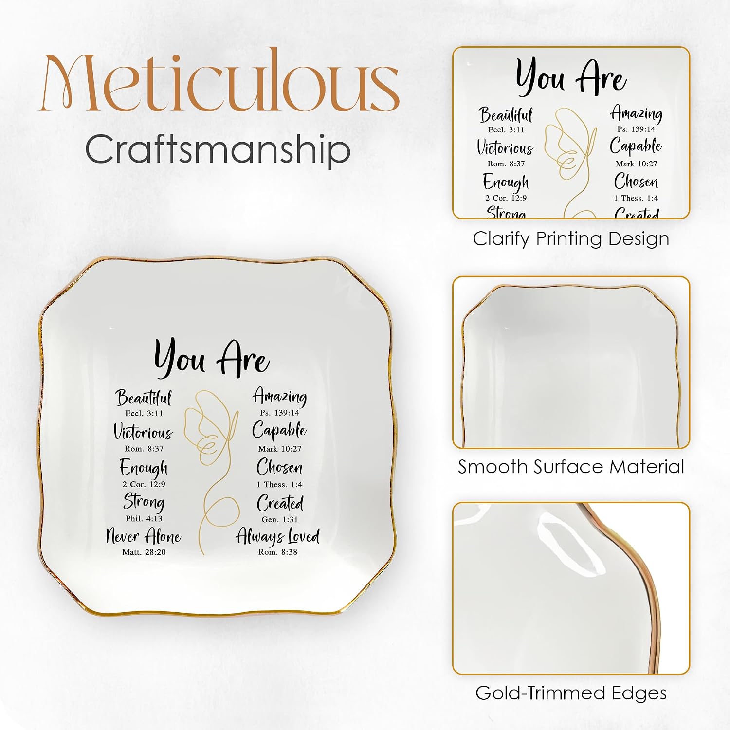 Christian Gifts for Women - You Are 4"x4" Ceramic Jewelry Dish Tray | Appreciation Gifts, Christian Gift, Gold Trim Design, Ring Dish for Women, Desk Vanity Decor, Polished Finish