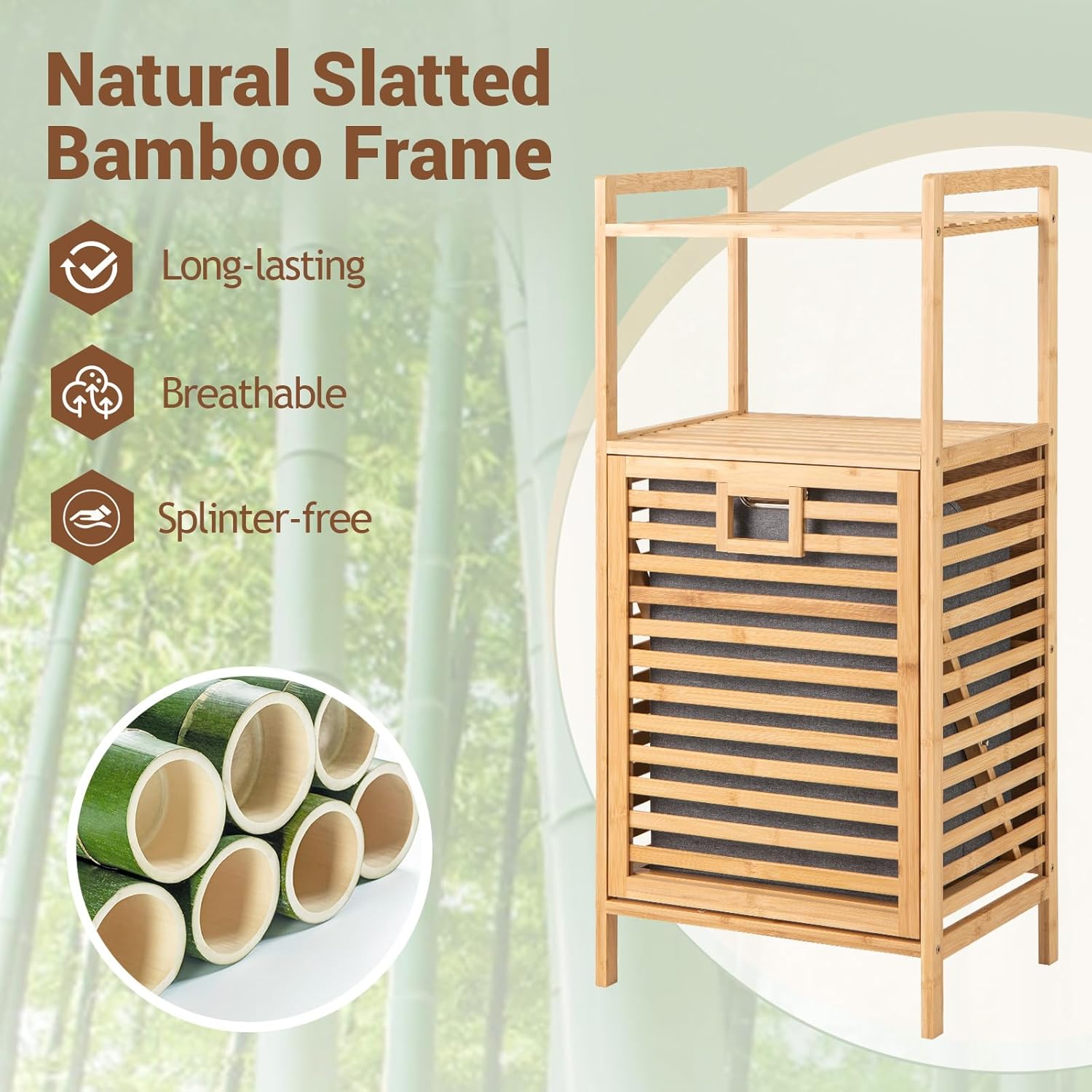 GOFLAME Tilt-out Laundry Hamper with 2-Tier Shelves, Bamboo Laundry Baskets Organizer with Removable & Foldable Fabric Liner, Bathroom Storage Shelf Cabinet for Laundry Room, Bedroom