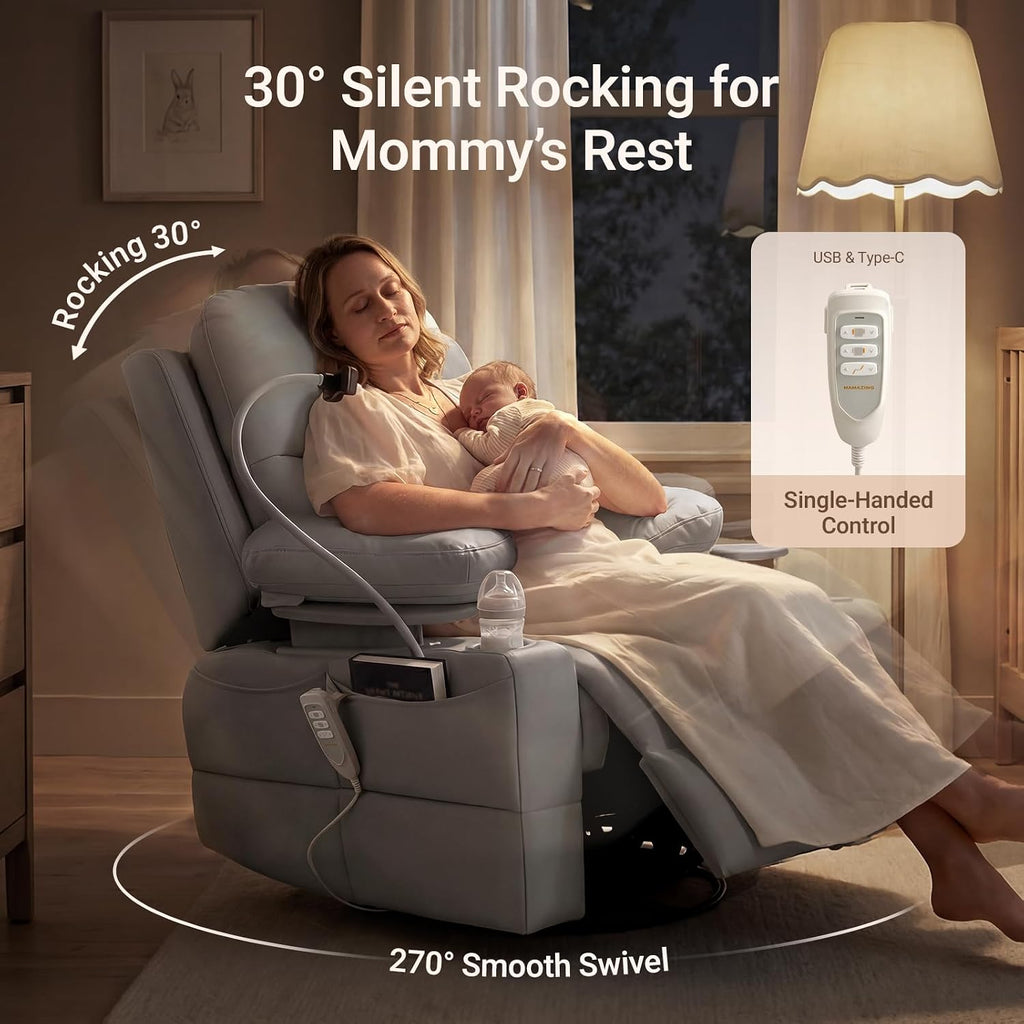 MAMAZING Lullapod Power Nursery Rocking Chair with HugAssist Armrest | Triple Motor Power Nursing Recliner with 270° Swivel Glider & Quiet Rocking, Dual Charging Ports & Built-In Storage