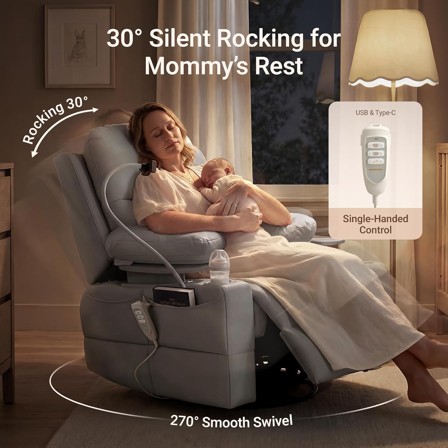 MAMAZING Lullapod Power Nursery Rocking Chair with HugAssist Armrest | Triple Motor Power Nursing Recliner with 270° Swivel Glider & Quiet Rocking, Dual Charging Ports & Built-In Storage