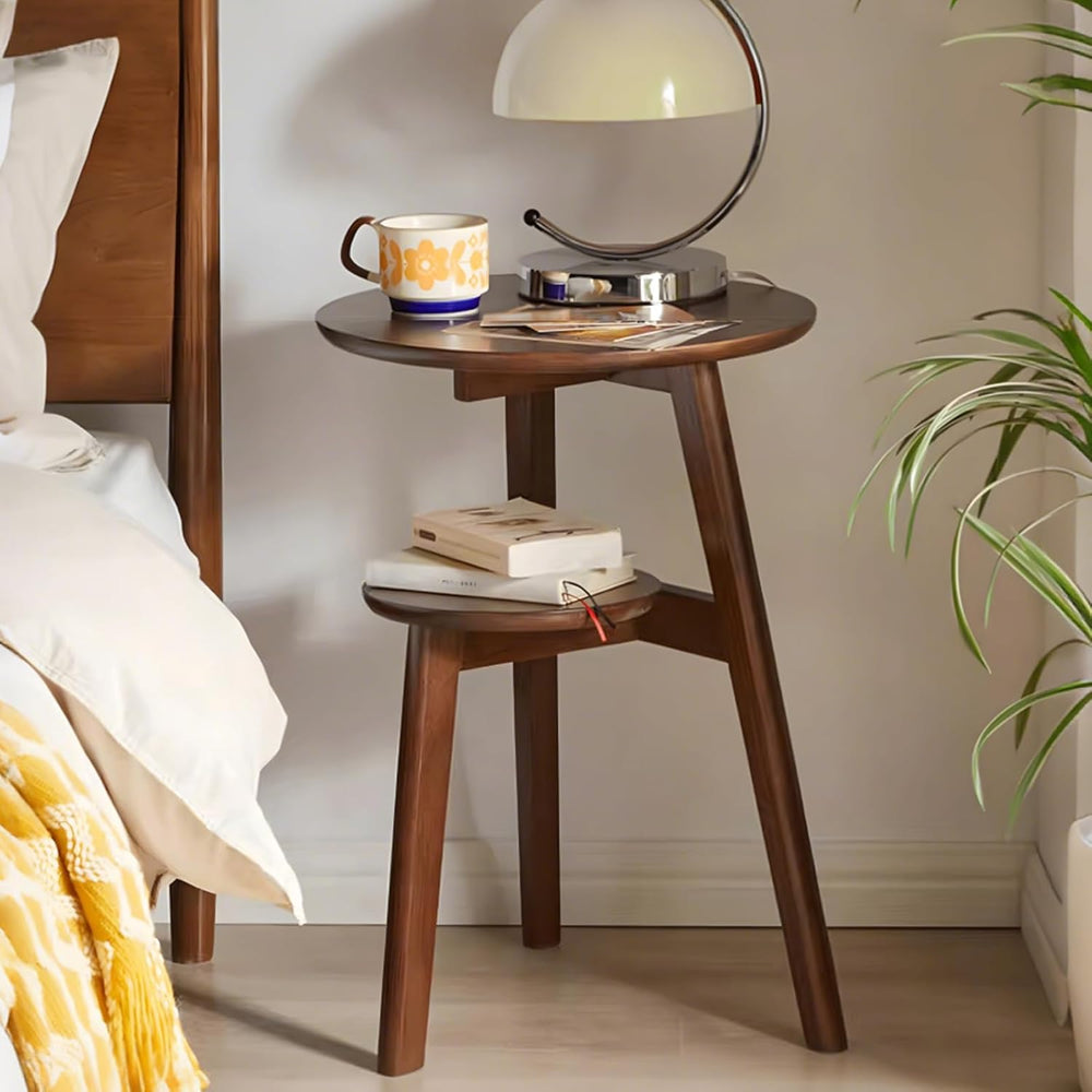 Side Table, Small Round End Table with 2-Tier Shelf, Solid Wood Nightstand fo...