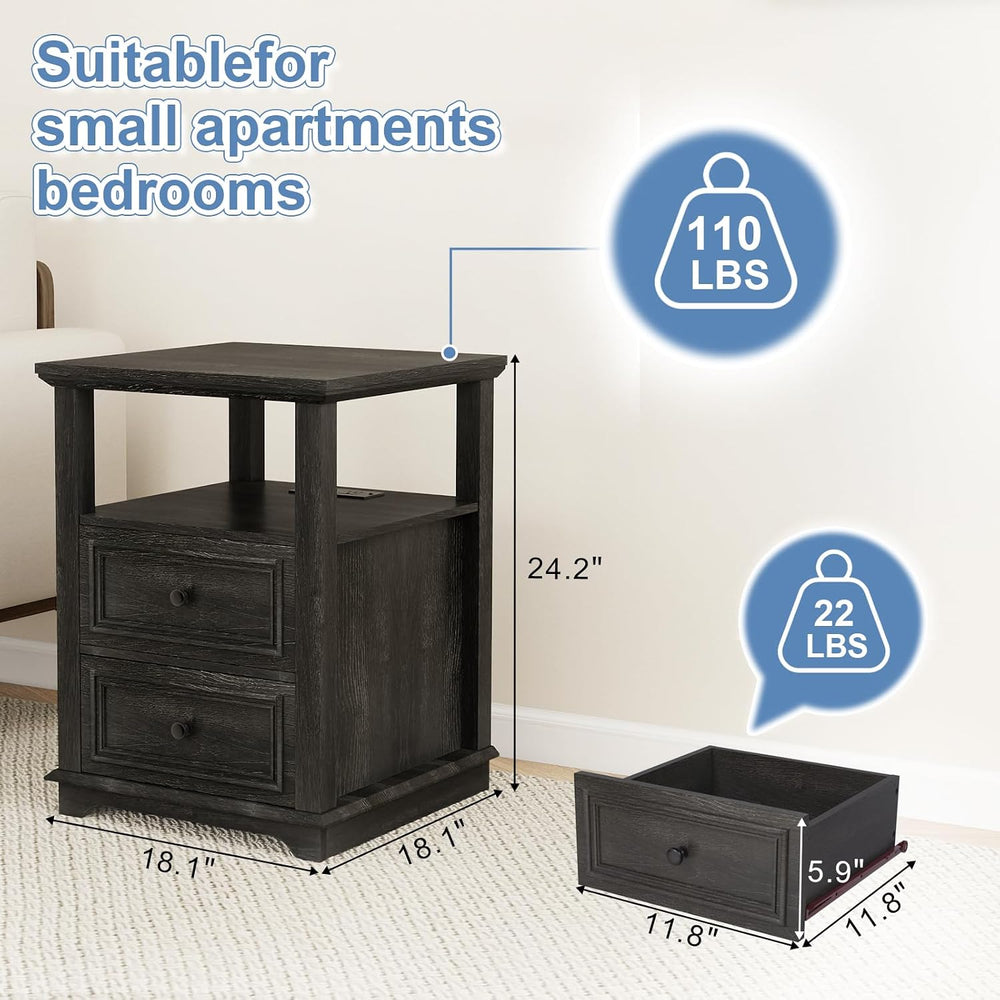 MUUEGM Night Stand with Charging Station, Dark Rustic Nightstands 18 Inch Bed...