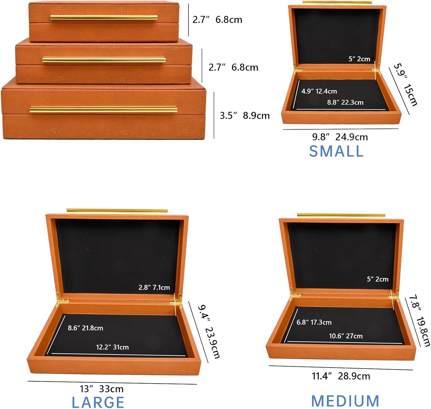 Faux Shagreen Leather Jewelry Storage Boxes Set of 3 with Gold Handles, Velvet Lined Stackable Organizer for Women, Vanity, Dresser, Gift, Burnt Orange