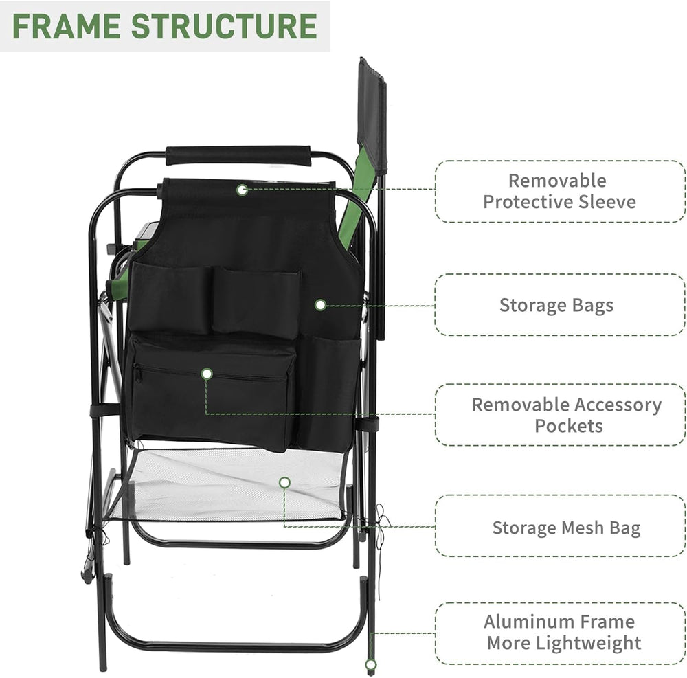 26" Tall Directors Chair Height Seat Folding with Side Table Storage Bag...
