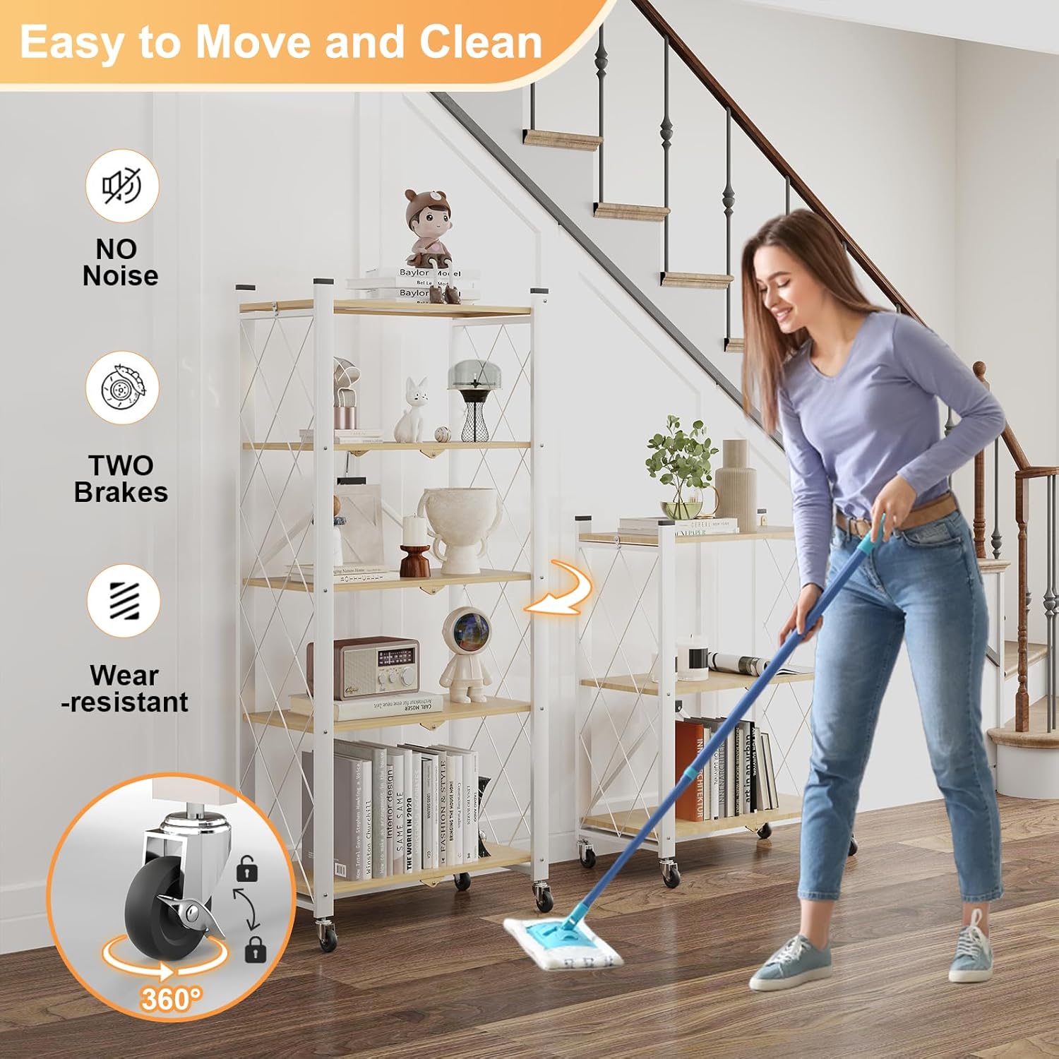5-Tier Foldable Storage Shelves with Wheels, Folding Metal Shelf Unit, Folding Bookshelf no Assembly, Collapsible Shelves for Craft Shows for Kitchen, Bedroom, Living Room, Natural