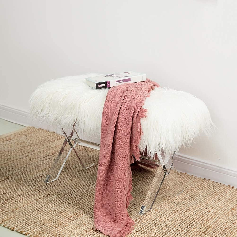 Glitzhome Ottoman Bench, White Faux Fur Ottoman Foot Rest, 25.5" L Moder...