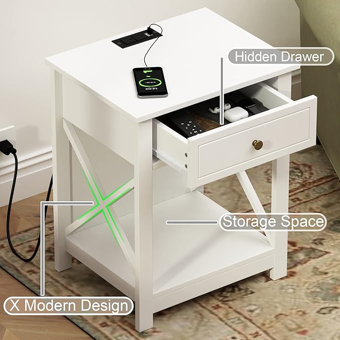 Treocho White End Table Set of 2,Nightstand with Charging Station, X-Design Side Table with 2 AC and USB Power Outlets, Small Night Stand with Storage Drawer and Open Shelf for Living Room