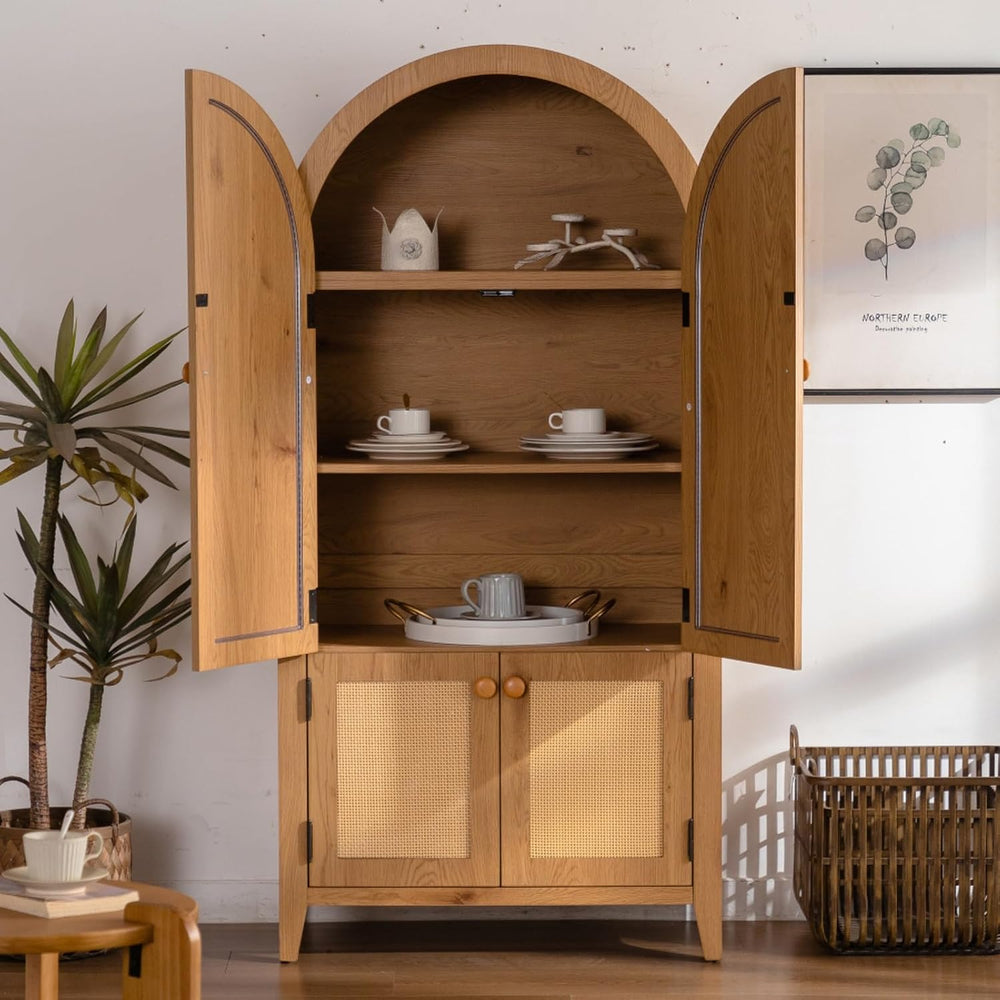 Hassyee Arched Kitchen Pantry Cabinet, Arched Bookcase Rattan Storage Cabinet...