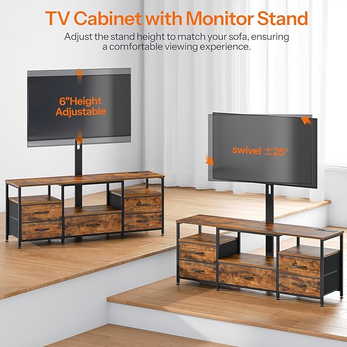 HOOBRO TV Stand with Mount and Power Outlet, for 32/45/55/60/65 inch TVs, Swivel Led Entertainment Center with Drawers, Adjustable Media Console for Living Room, Bedroom, Rustic Brown BF130UDDS01