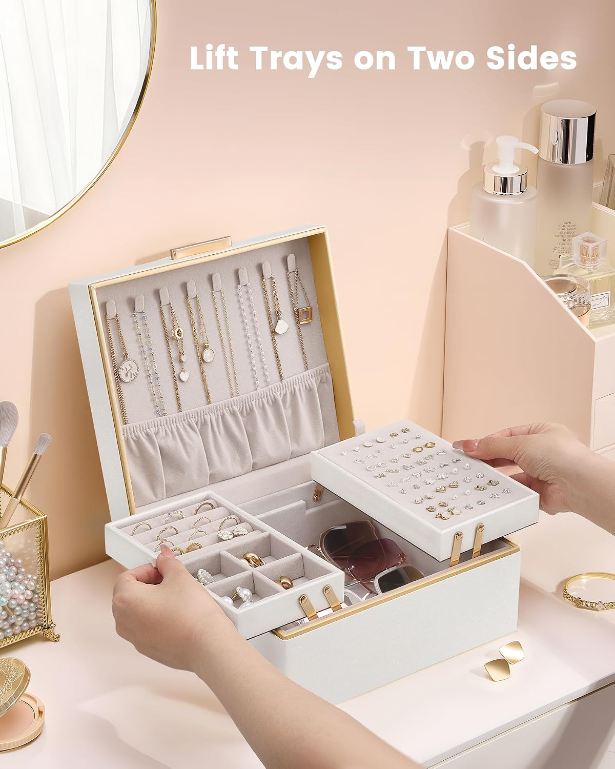 Lolalet Jewelry Box for Women Girls, 2 Layer Jewelry Organizer -Champagne | Jewellery Storage Case, Necklace Earrings Rings Bracelets Holder, Cnristmas Birthday Gifts for Mom Teen Girls Daughter