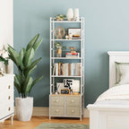 5 Tier Bookshelf, Modern Bookcase with Bookends and 4 Drawers Storage Organizer, Metal Industrial Display Shelf, Free Standing Storage Shelving Unit for Bedroom, Living Room and Home Office