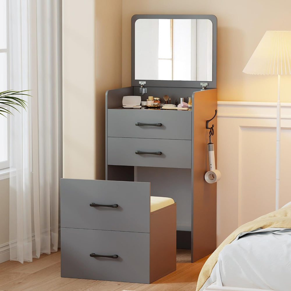 3 in 1 Make Vanity Desk with Flip Top Mirror(Grey) | Glass Top Makeup Vanity ...