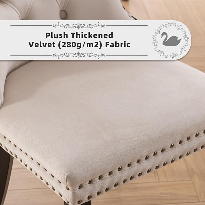 Velvet Upholstered Dining Chairs Set of 2, Modern Style Kitchen Side Chairs with Nailhead Trim and Wood Legs,Metal Pulling Ring for Dining Room Living Room(Quadrangular Star&Beige)