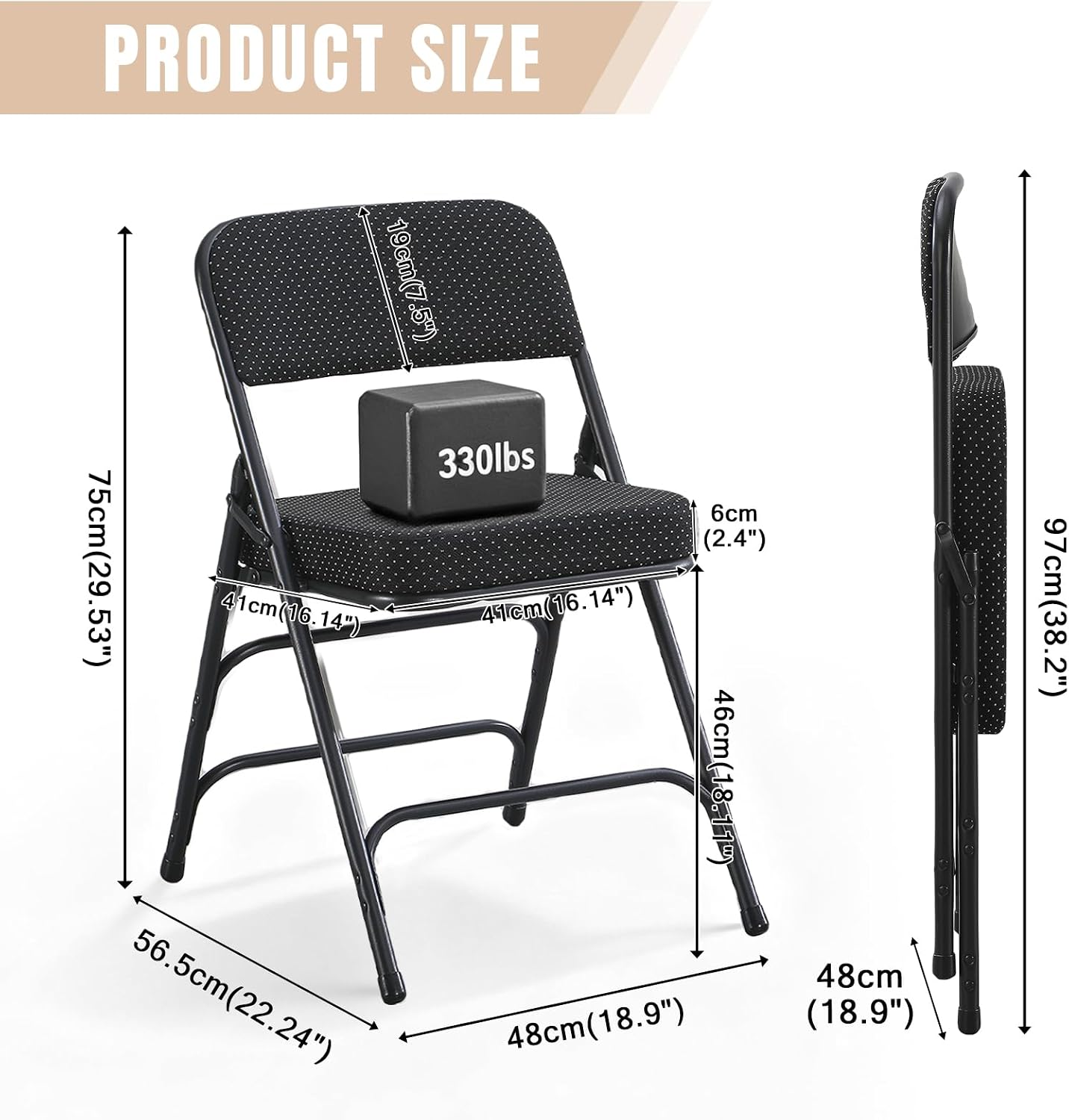 Folding Chair with Thick Cushioned Seat, Padded Metal Frame Foldable Chairs for Home Office Party Wedding Indoor Outdoor Use, Heavy Duty Comfortable Portable Dining Chairs, 1 Pack, Black