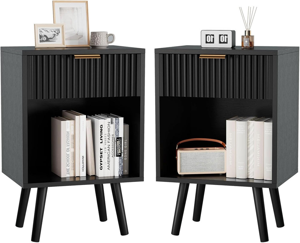 YMYNY Mid Century Modern Nightstand Set of 2, Side Table with Fluted Drawer, ...
