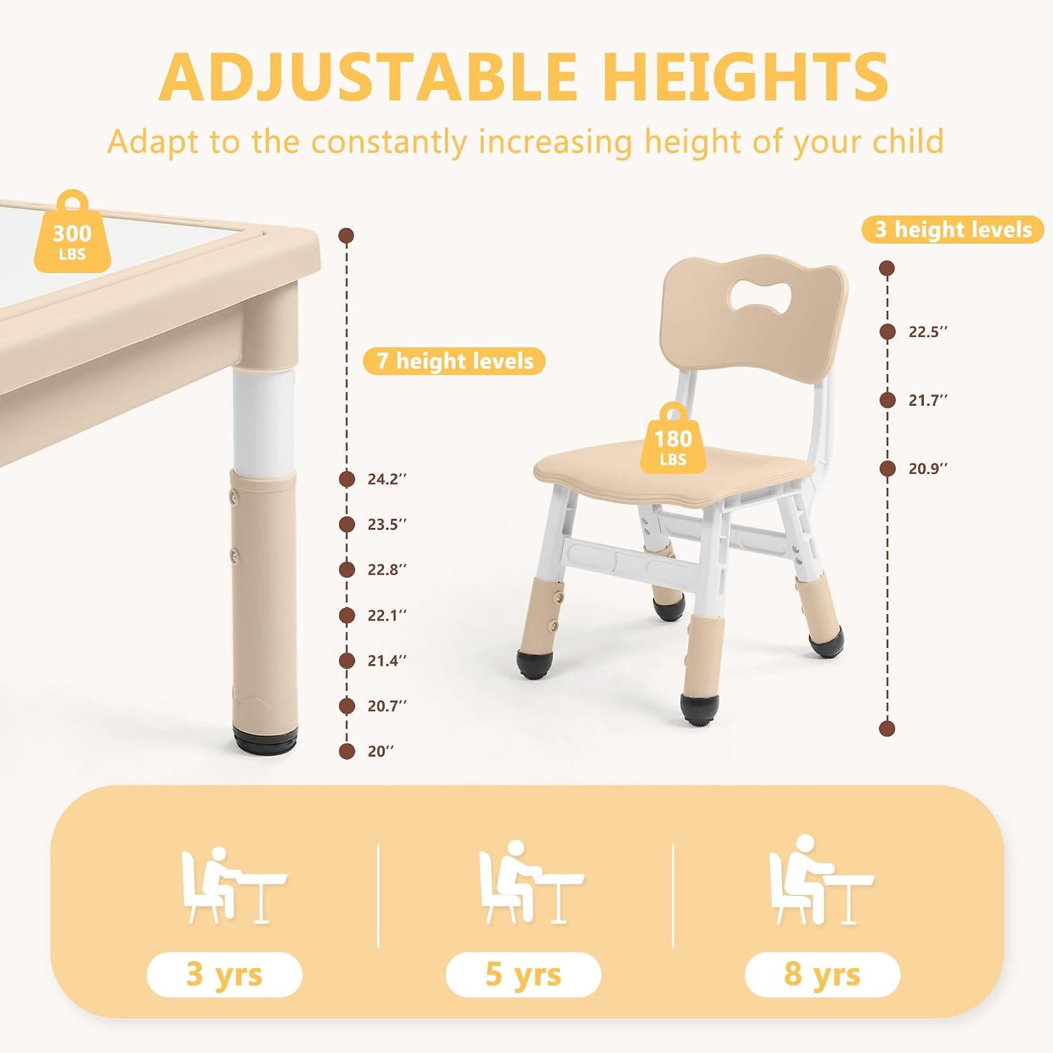 Kinder King Kids Table & 2 Chairs Set, Height Adjustable Children Activity Table w/Storage, Graffiti & Building Blocks Tabletop, Toddler Furniture Set for Classroom, Daycare, Home, Age 3+, Khaki
