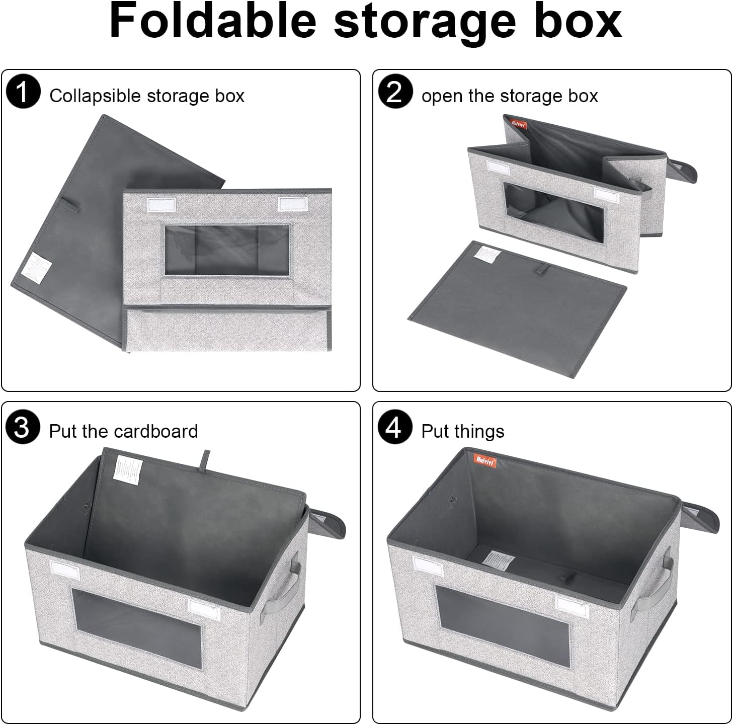 Univivi [4-Pack Fabric Storage Boxes Collapsible Storage Bins with Lids and Handles Cube Organizer Basket for Home, Closet, Bedroom (Gray, 14.4''x10''x8.3'')