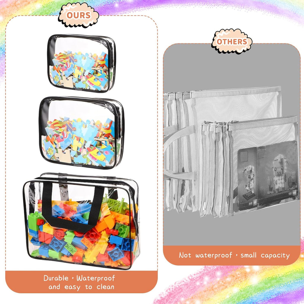 18 Packs Toy Storage Bags with Labels, Clear PVC Puzzle Storage Bags, Waterproof Travel Toy Organizer Bags with Zipper for Building Blocks Kids Books (3 Size)