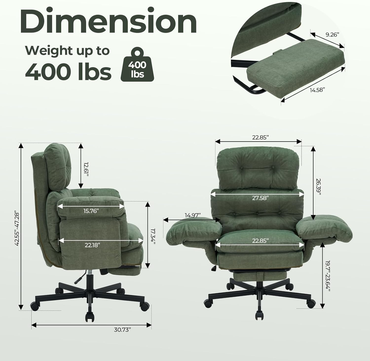 Criss Cross Office Chair with Foot Rest, Big and Tall Office Desk Chair with Flip Armrests for Pets & Cross Legged Sitting, Comfy Executive Ergonomic Reclining Computer Gaming Vanity Chair, Green
