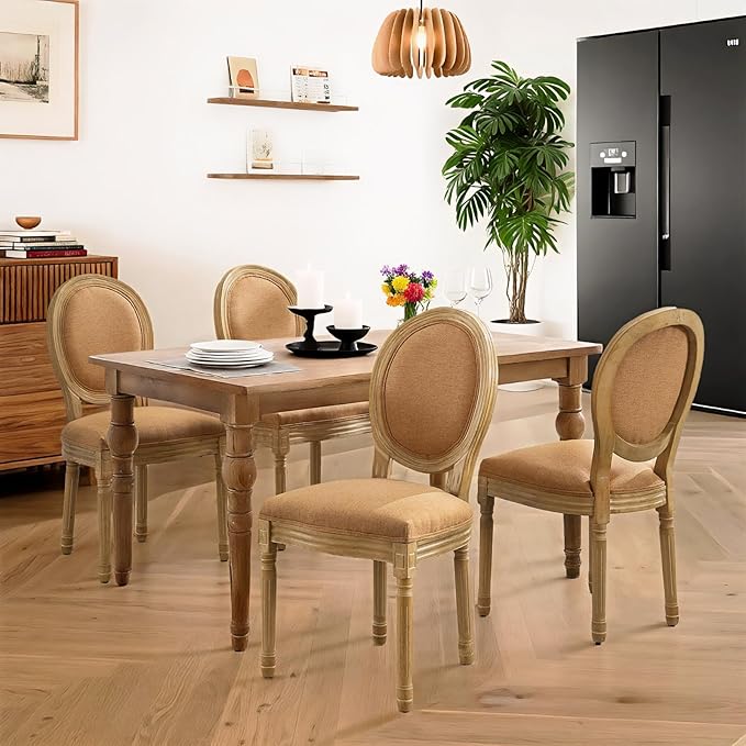 French Country Dining Chairs Set of 4,Farmhouse Upholstered Dining Room Chairs with Round Back and Solid Leg,Fabric Kitchen Side Chairs for Kitchen/Bedroom/Dining Room,Tan