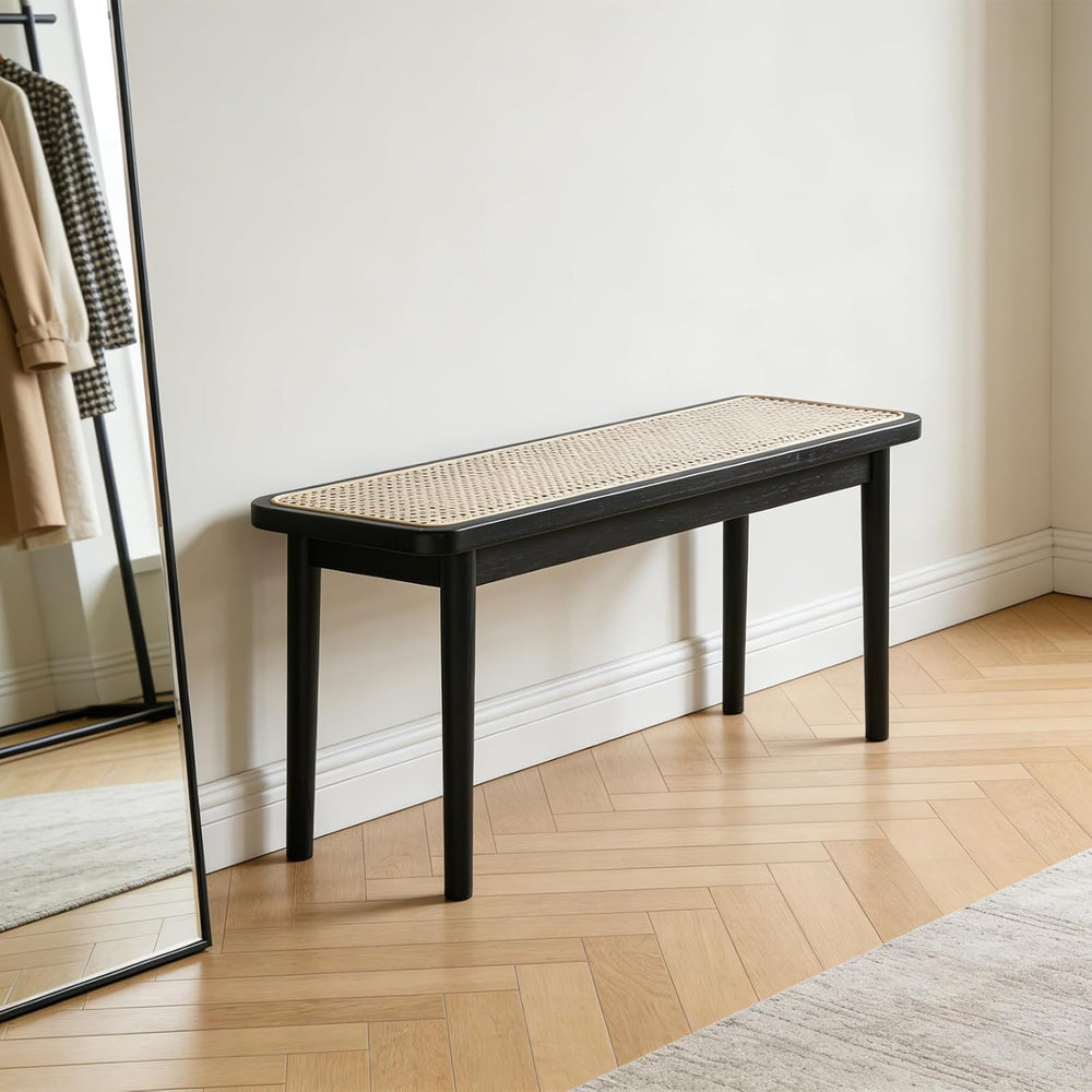 47 Inch Black Dining Bench, Solid Oak Frame | Narrow Black Rattan Bench with ...