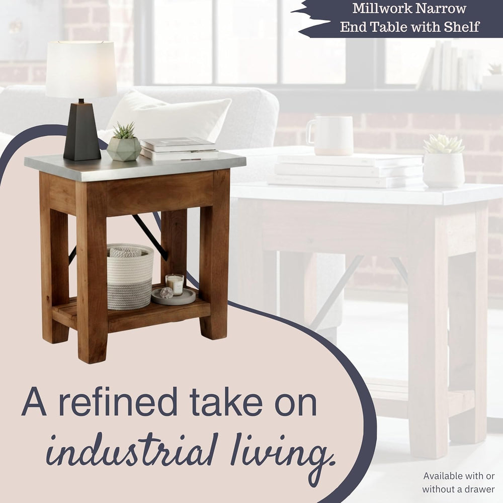 Millwork End Table with Steel Top – Rustic Industrial Narrow Side Table with ...