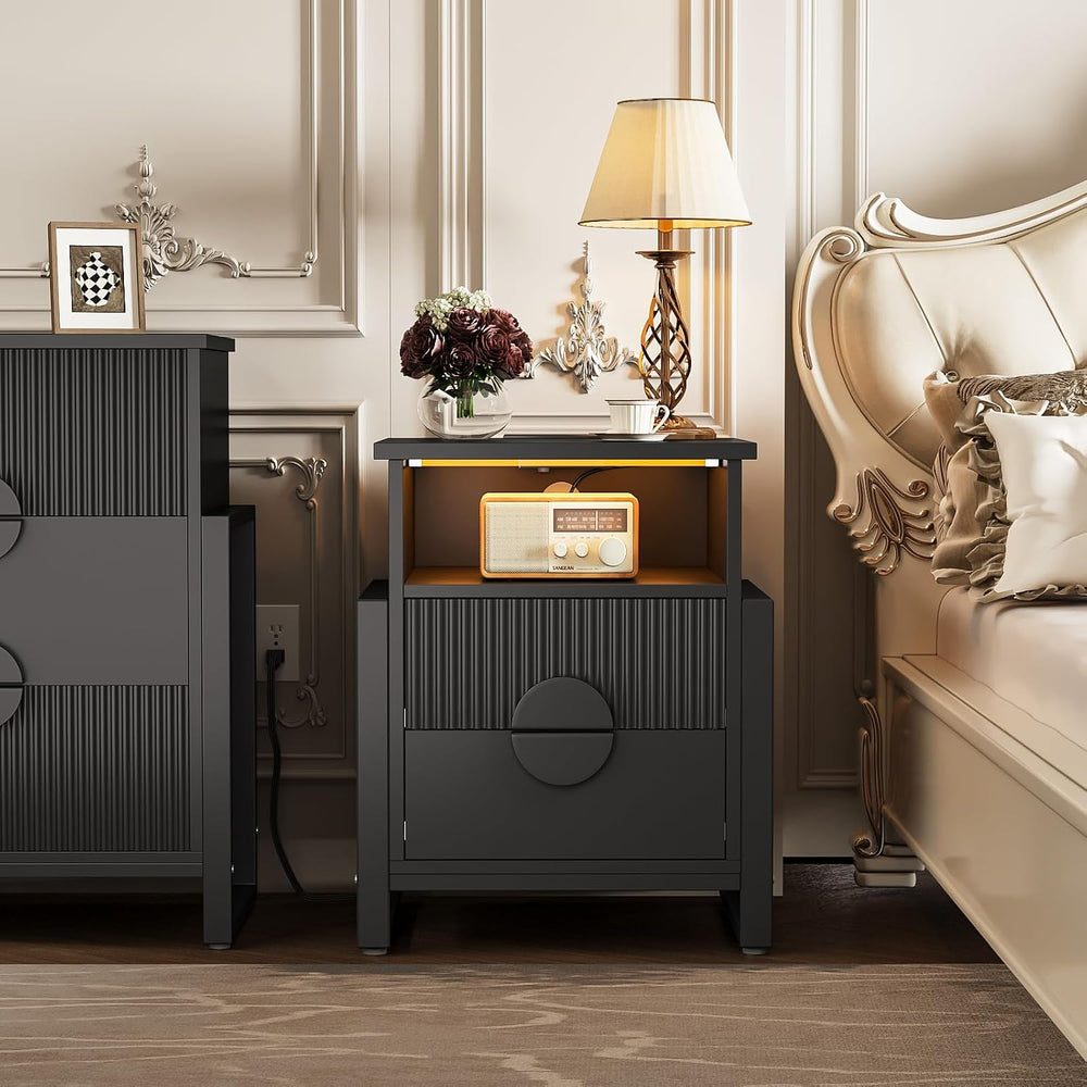 LGHM Set of 2 Fluted Nightstand with Charger Station Strip Lights, 20.47&quot...