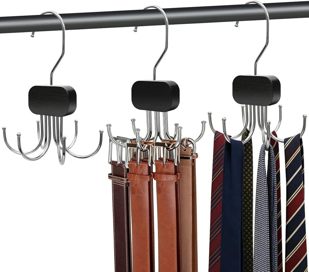 Belt Hanger for Closet, 3 Pack Belt Organizer for Closet Space Saving & Storage, 360° Rotatable & Foldable Hooks, Large Capacity Holder Rack for Tie, Tank Top, Bra, Purse, Hat (Black)