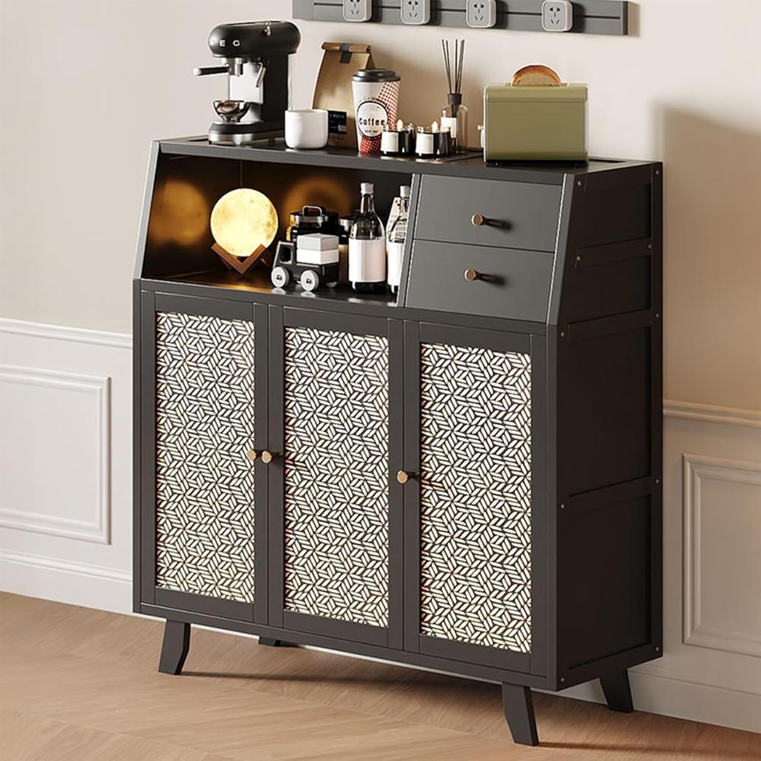 Kitchen Pantry Storage Cabinet with 3 Doors, Modern Hutch with Storage Drawers, Coffee Bar Workstation, for Kitchen, Bedroom, Dining Room, Office