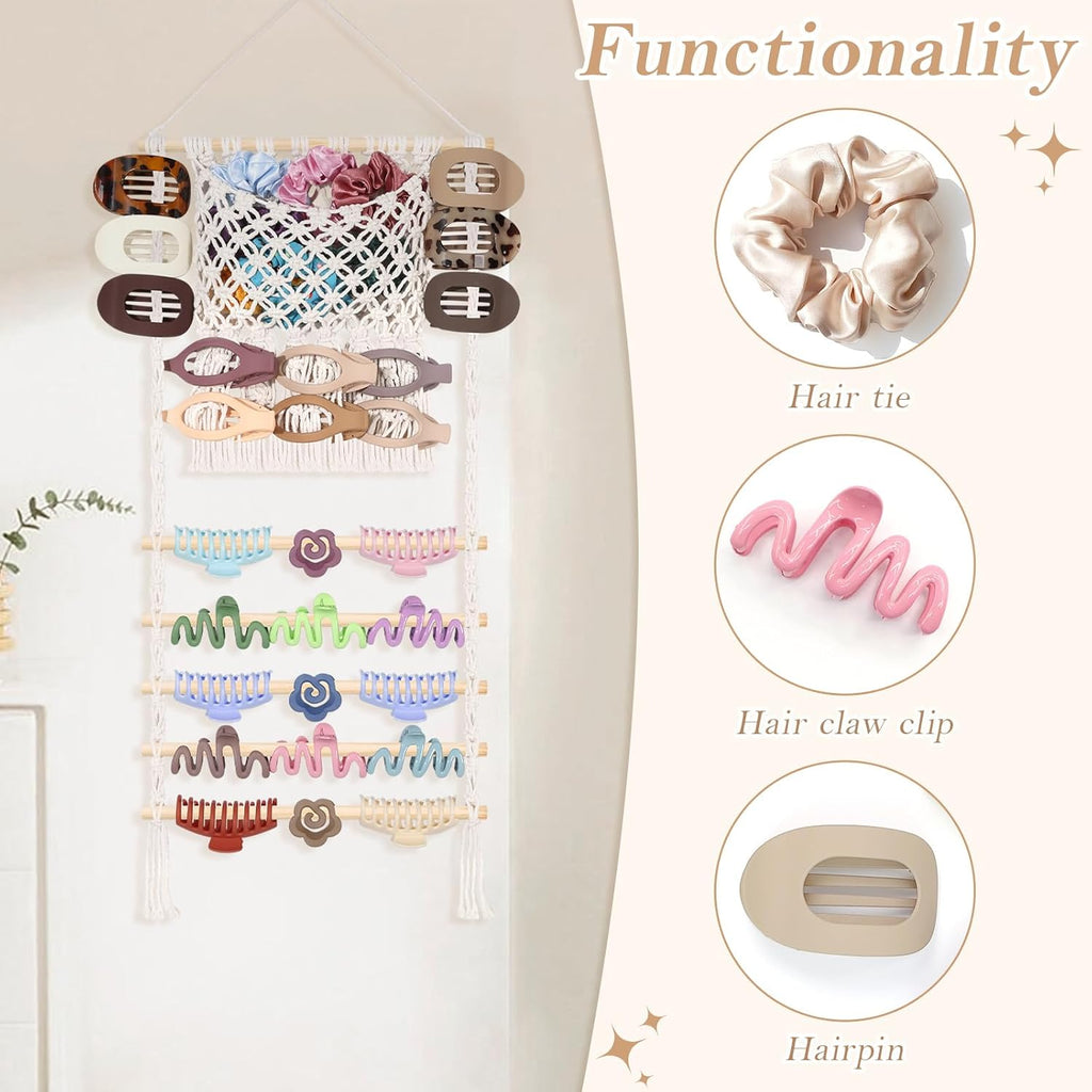 SNOWSTAR Macrame Hair Claw Clip Organizer,Large Capacity Mesh Bag Scrunchies Holder and Hair Ties Organizer for Women Girls,Hair Accessorie Hanging Storage Home Decor Wall,Door
