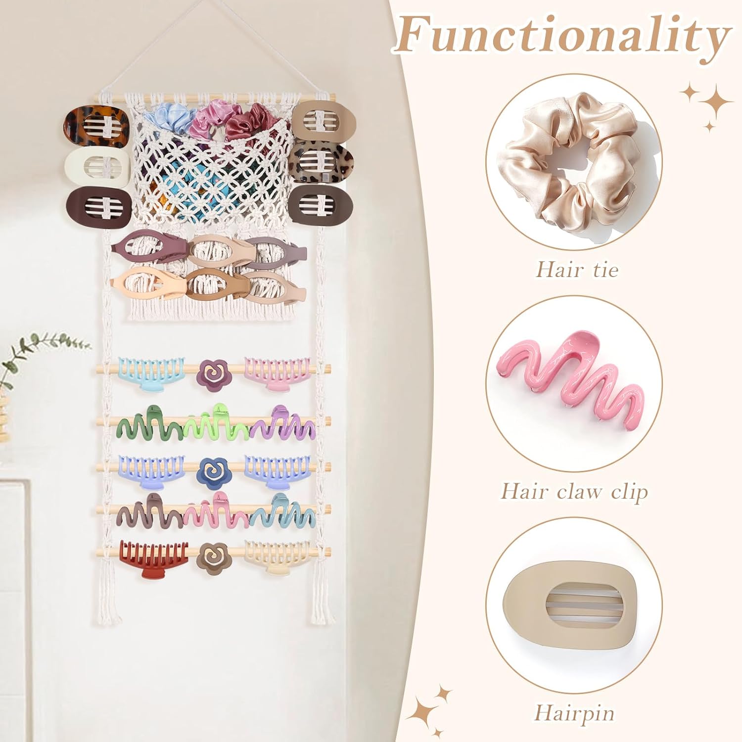 SNOWSTAR Macrame Hair Claw Clip Organizer,Large Capacity Mesh Bag Scrunchies Holder and Hair Ties Organizer for Women Girls,Hair Accessorie Hanging Storage Home Decor Wall,Door