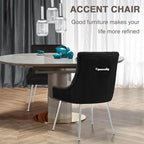 Velvet Dining Chairs Set of 6 with Silver Metal Legs, Modern Upholstered Kitchen Chair with Pull Handle & Pleated Back, Mid Century Accent Chair for Vanity,Dining,Kitchen,Living Room, Black