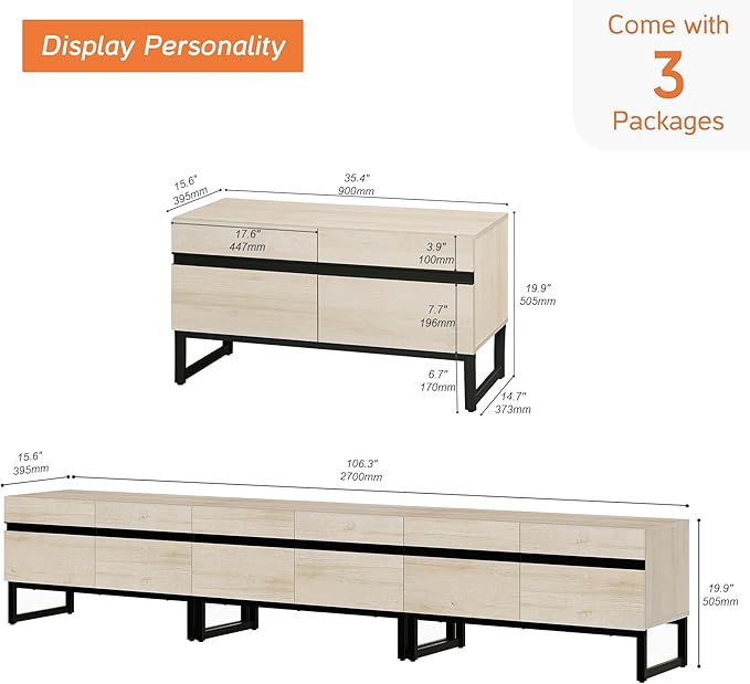 WAMPAT 3-in-1 Modern TV Stand for Up to 110 Inch TVs, Large Wood Entertainment Center Media Console with Storage Cabinets and Metal Base for Living Room, Light Oak