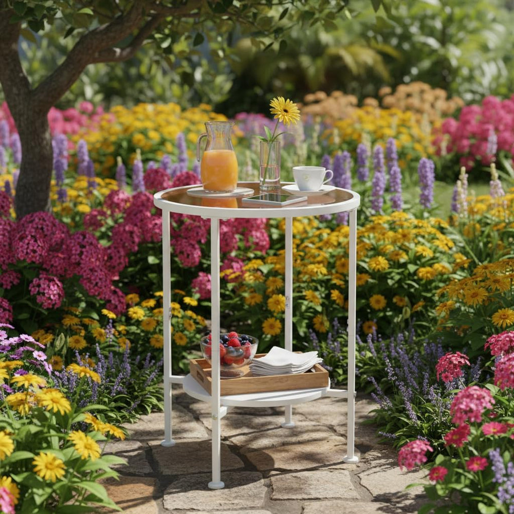 2 Tier Round Side Table with Tempered Amber Glass Top, White Metal End Table ...