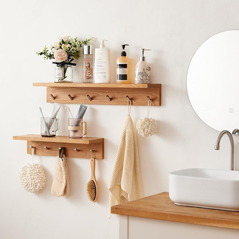 Oak Wood Coat Rack Wall Mount With Shelf 20 Inch Long, 5 Hooks, Floating Entr...