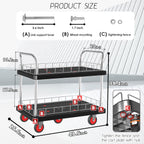 Utility Service Cart 2 Shelf - 880lbs Capacity Heavy-Duty Plastic Rolling Utility Carts with 5 of 360° Swivel Wheels and Handle, Large Service Cart for Groceries, Warehouse,Garage 43.5''x25.6''