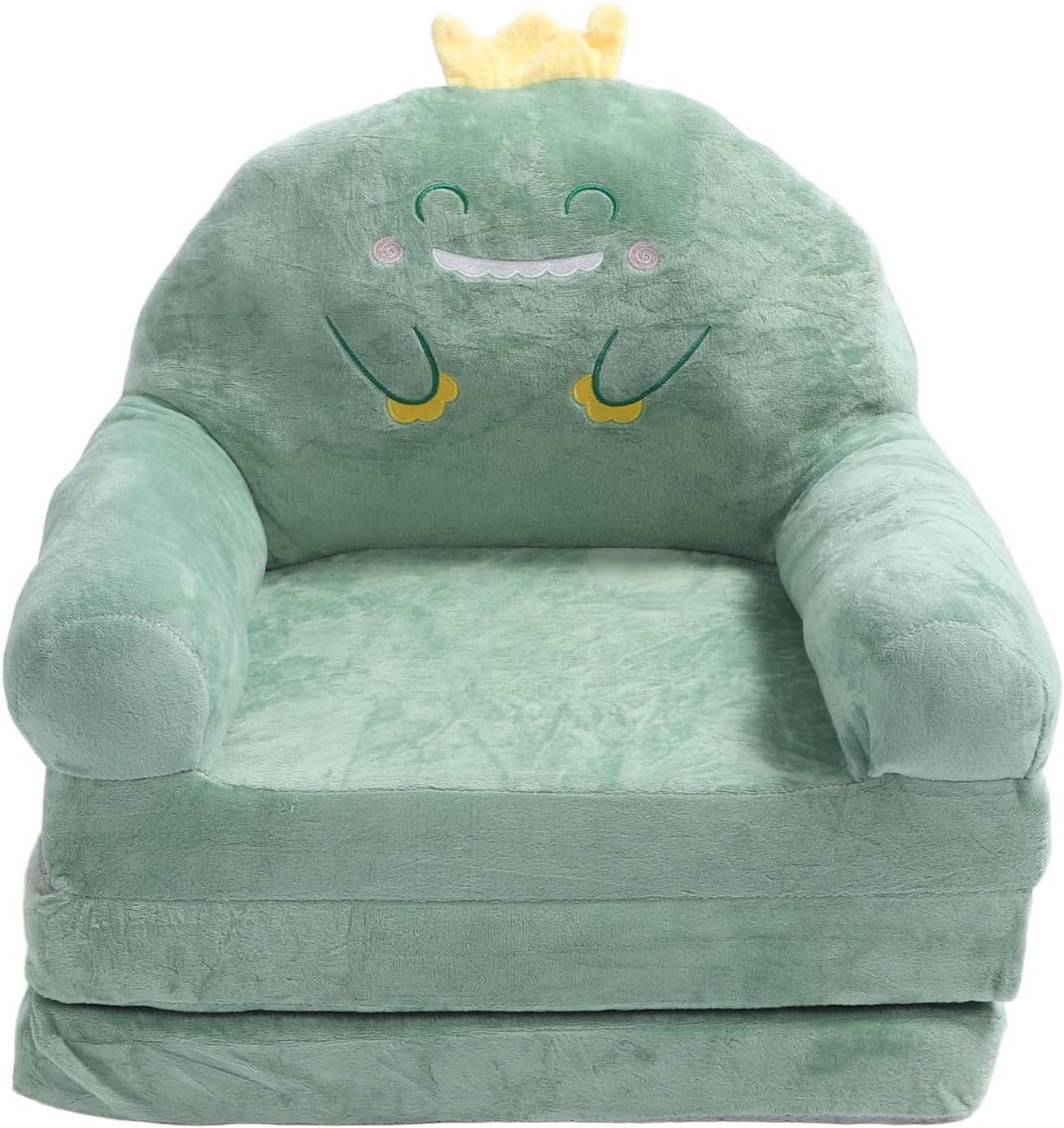 Green Cartoon Dinosaur Folding Chair for Children Sofa Soft Handle Wide Comfortable Support for Reading Playing Fabrics Sponge (Folding in Thirds)