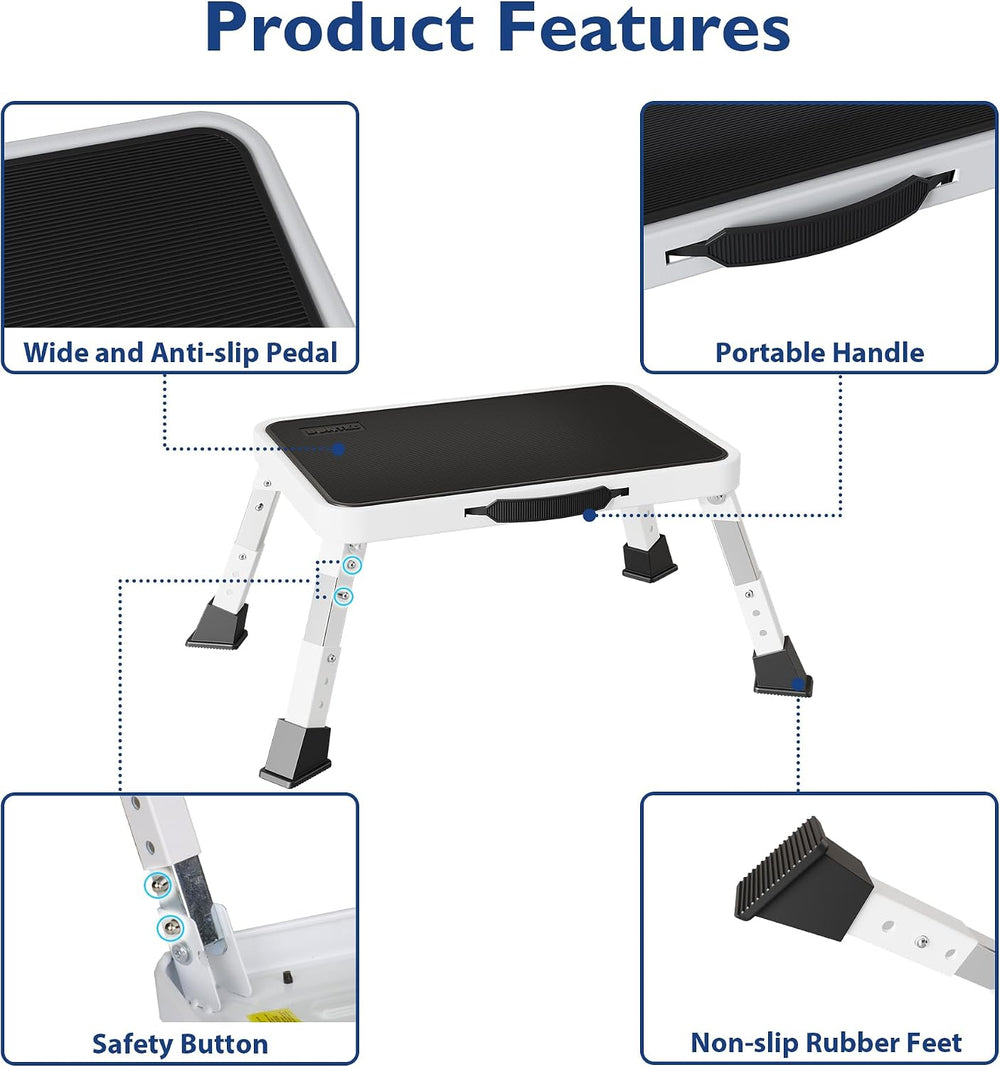 BONTEC Folding Step Stool, 3-Level Adjustable Metal Step Stool, 330lbs