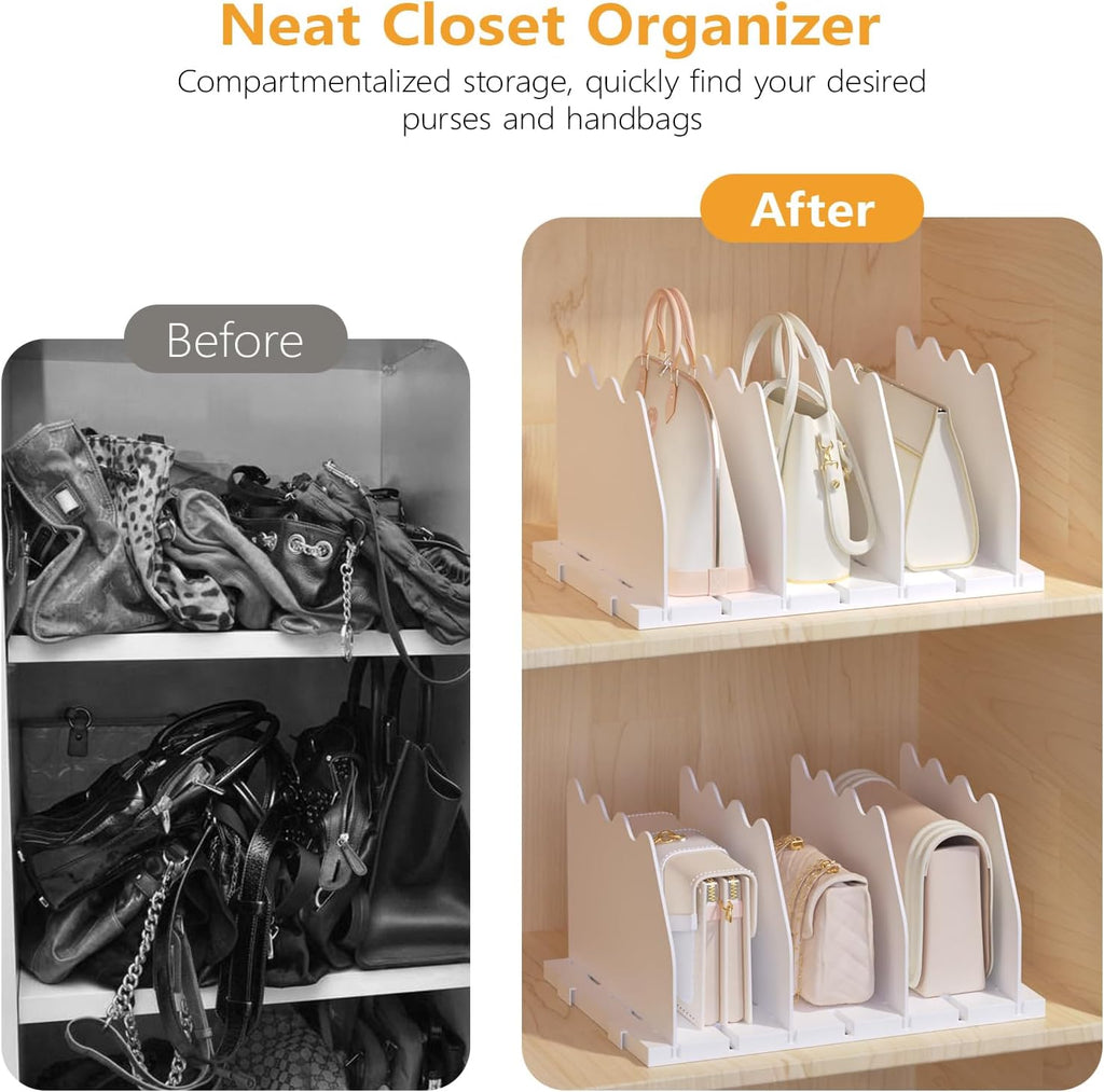 Ronlap Purse Storage Organizer for Closet, White Closet Bag Storage Dividers Rack Shelf Purse Dividers for Closet Organization Handbag Separators Closet Purse Organizers and Storage, 4 Pack, White