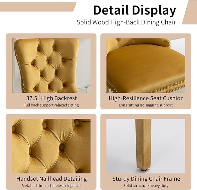 Luxury Upholstered Dining Chairs Set of 8, Yellow Kitchen Chair with Golden Metal Legs, Velvet Tufted Back Dining Chair, Sillas de Comedor, Modern Kitchen & Dining Room Chairs (Gold, 8 Pcs)