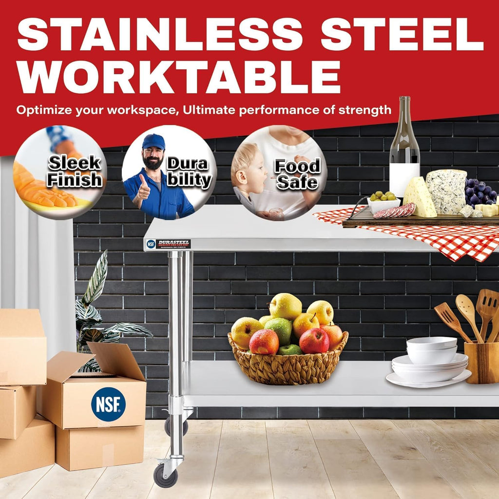DuraSteel 30x72 NSF Stainless Steel Cart Work Table - Heavy Duty Rolling Food Prep Table Countertop Island - Metal Utility Cart on Wheels Caster, Grill Stand Storage Outdoor Kitchen Tables Bar Top