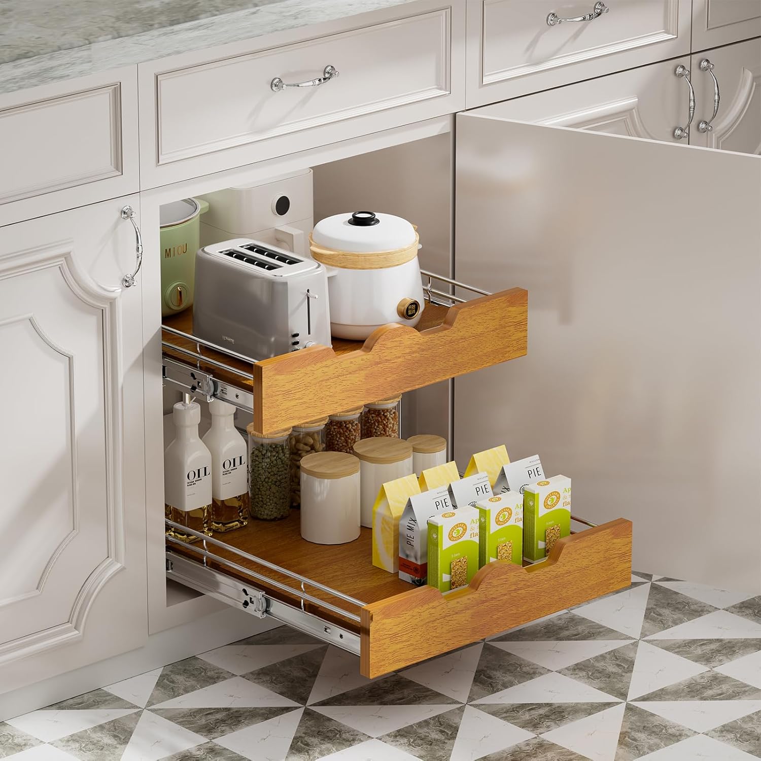 DINDON 2 Tier Pull Out Cabinet Organizer (20" W x 21" D) Slide Out Wood Shelf Double Tier Kitchen Wire Basket with Chrome Finish…