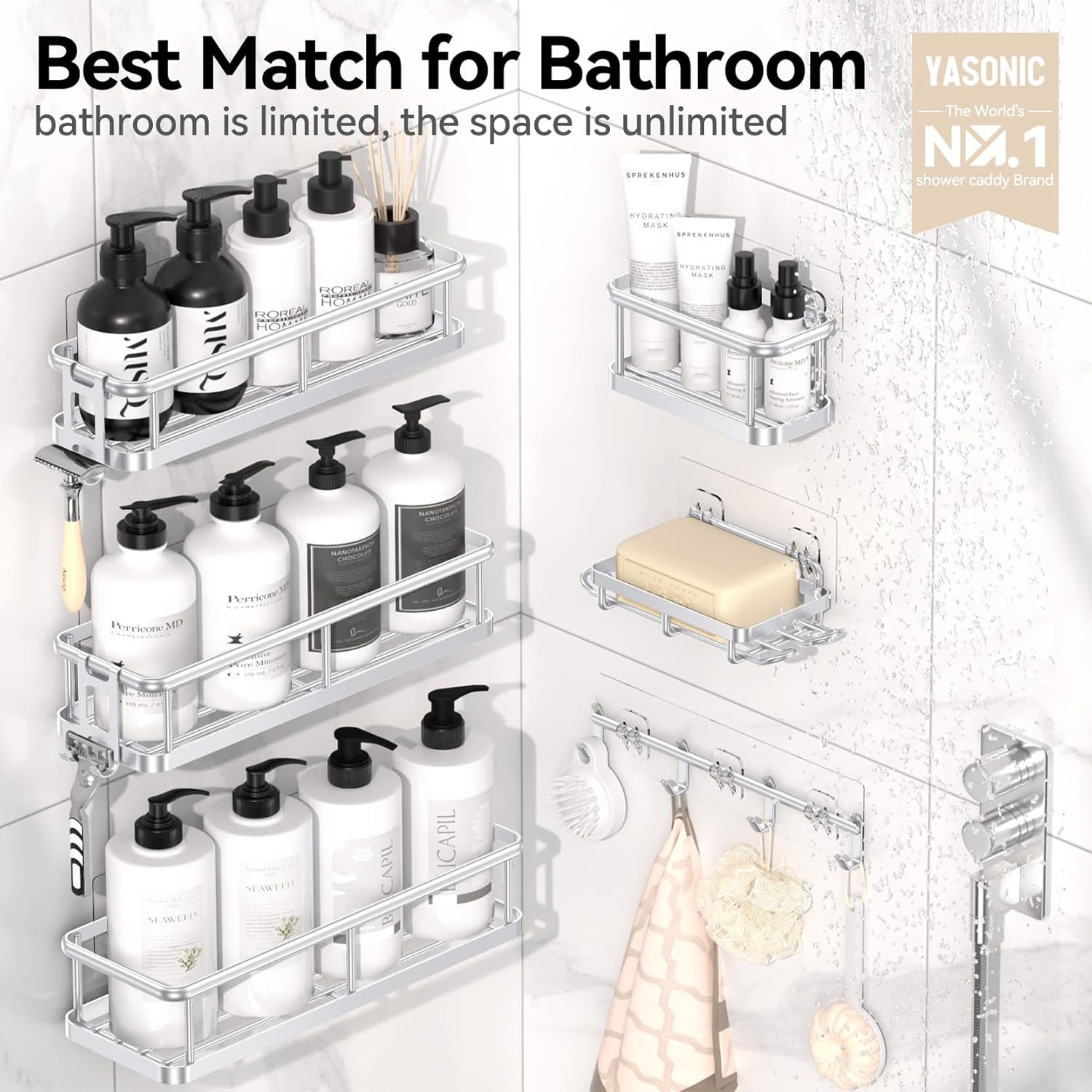 YASONIC Shower Caddy, 6 Pack Large Capacity Bath Organizer with Soap Holder and 12 Hooks, Rustproof bathroom Shelves for Inside Shower, No Drilling&Sleek Bathroom Organizers and Storage Silver