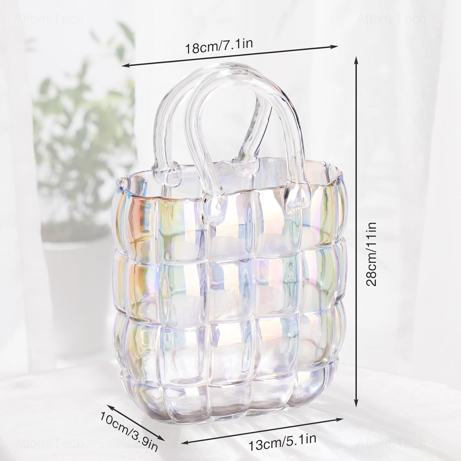 NiHome Glass Purse Vase Iridescent Glass Bag Vase with Handle Handbag Shape | Iridescent Glass Vase for Flowers Farmhouse Decor, Handmade Wide Mouth Glass Vase for Home Living Room Dining Table Décor