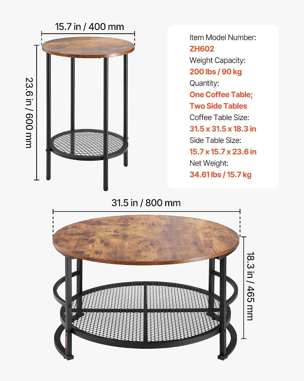 VEVOR 3 Pieces Round Coffee Table Sets, 31.5 in Industrial Living Room Table ...