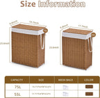 Slim Wicker Laundry Hamper with Lid, 55L Handwoven Rattan Basket with Handles, Narrow Laundry Basket with Removable Liner Bag & 2 Mesh Bags