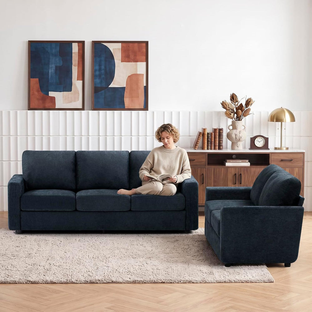 2 Pieces Chenille Sofa Sets w/Comfortable Back Cushions, Blue