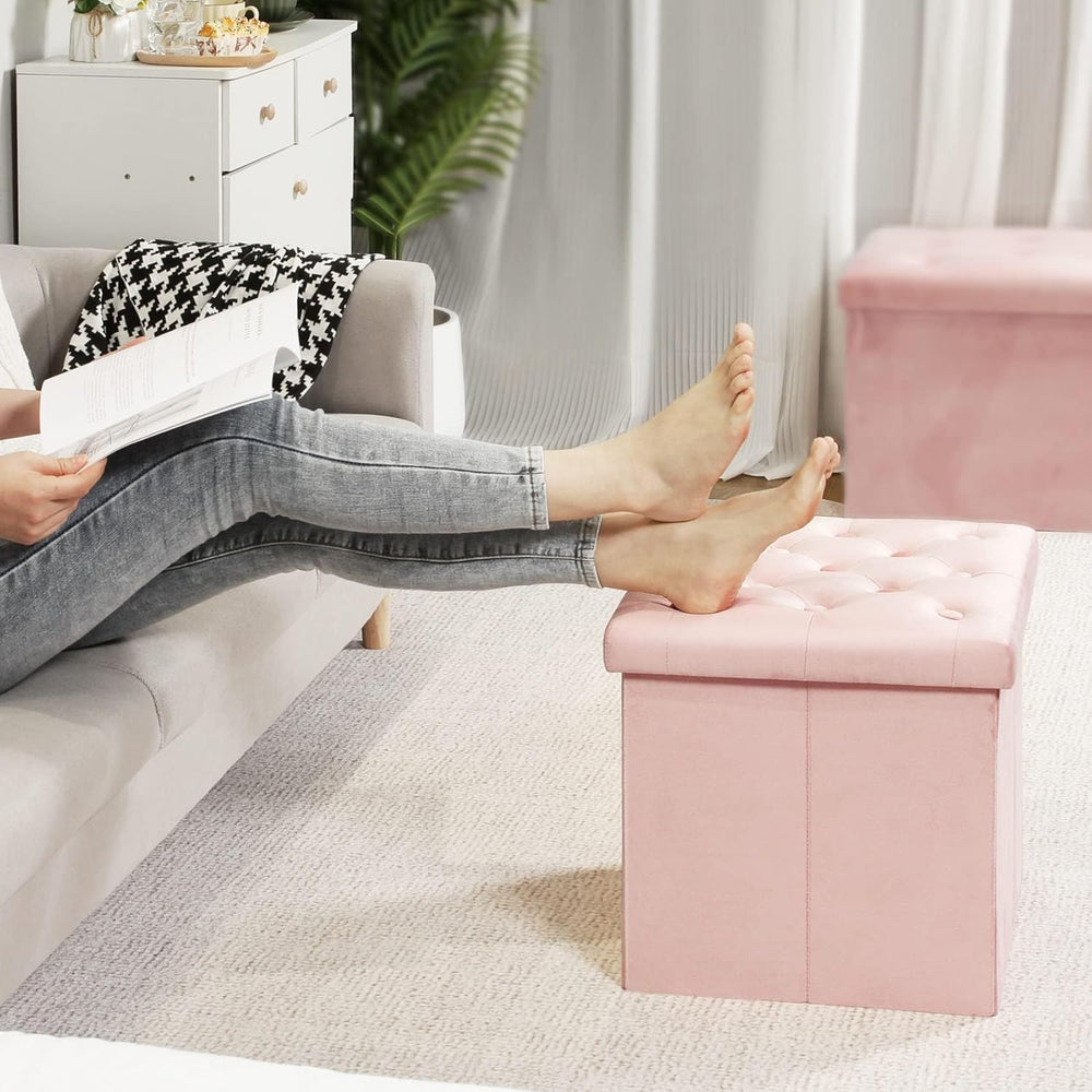 B FSOBEIIALEO Storage Ottoman Cube, Velvet Tufted Folding Ottomans with Lid, ...